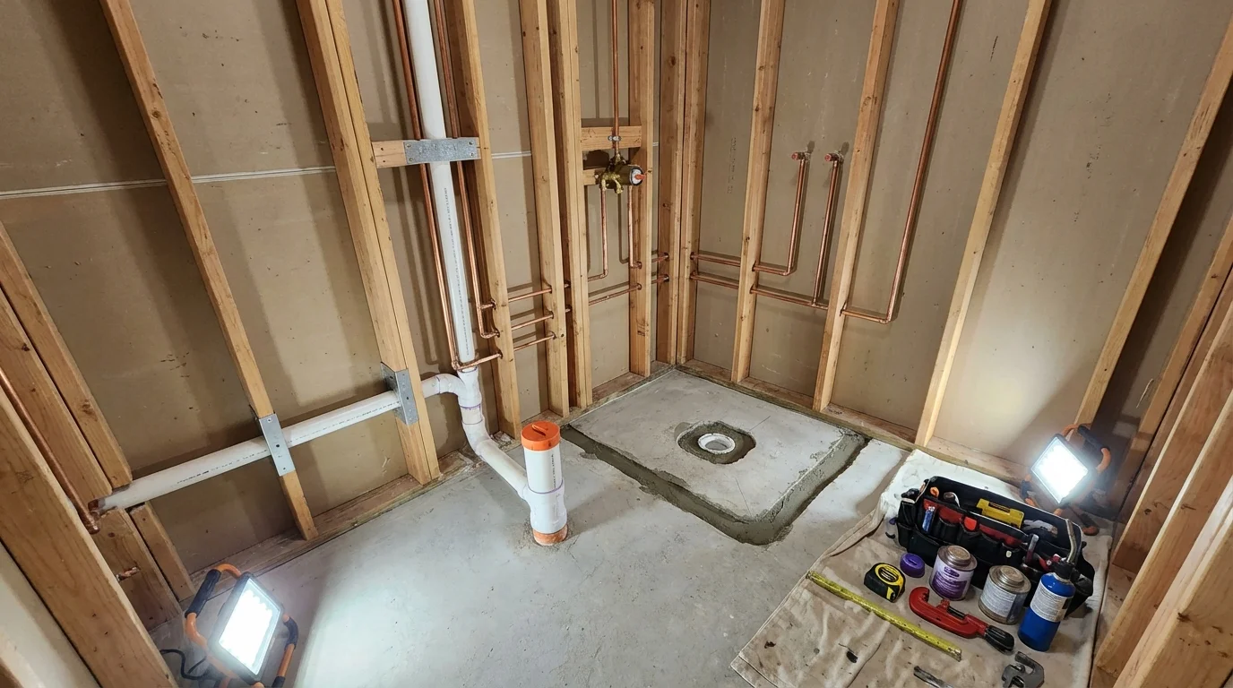 Bathroom rough-in plumbing during remodel by Johns Plumbing LLC in Postville