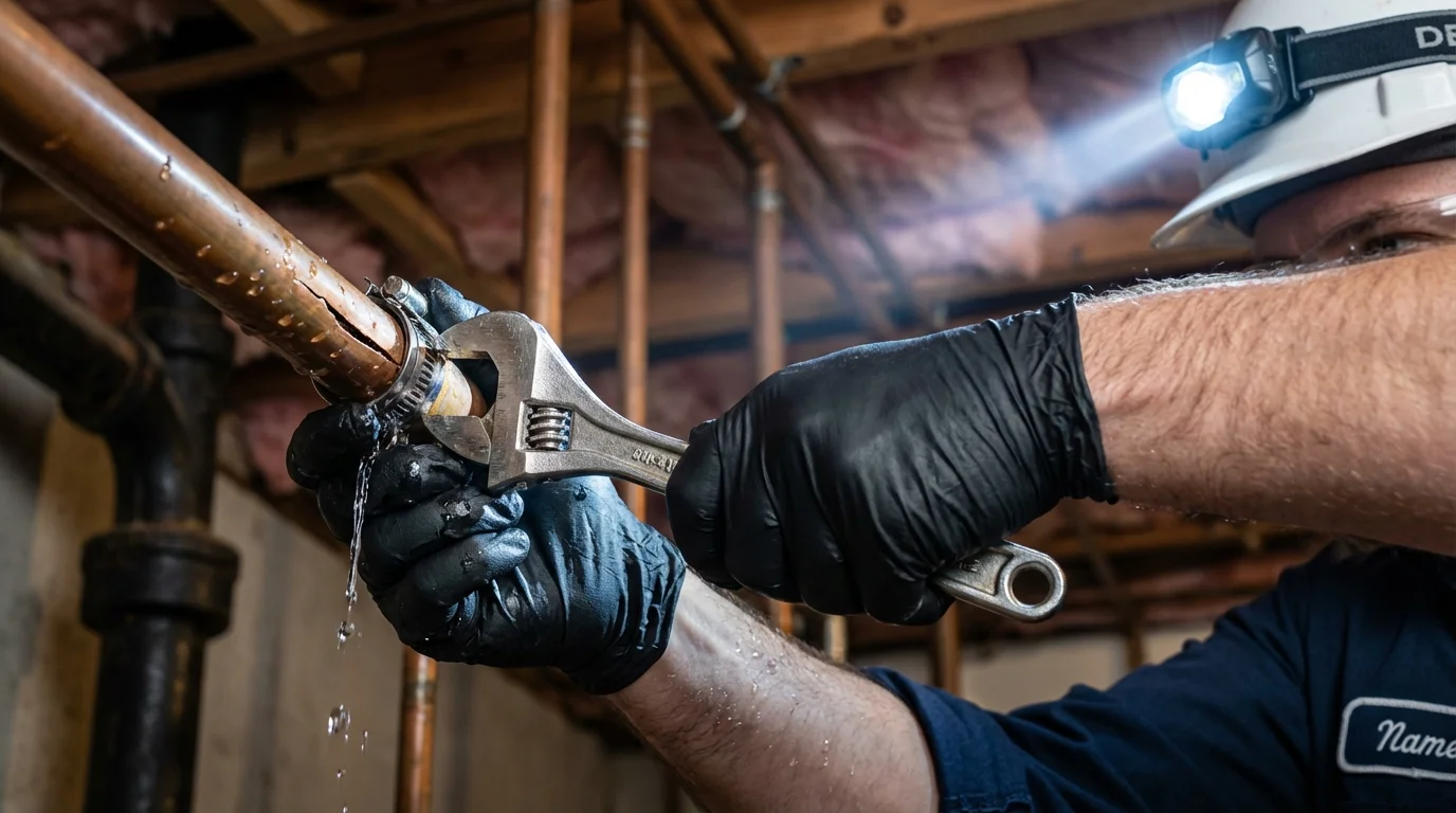 Emergency pipe clamp repair being performed by a Johns Plumbing LLC plumber in Postville