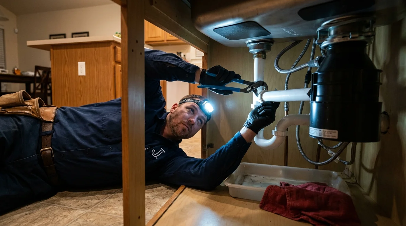 P-trap and supply line connections under a kitchen sink showing a common leak point in Postville, IA